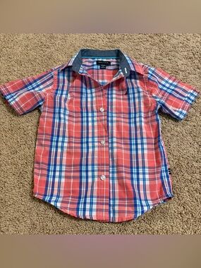 Nautica Boys' Red Plaid Short-Sleeve Button-Up Shirt size 5 medium